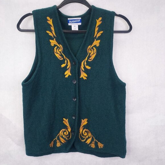 PENDLETON Vest Women's Petite M Green & Gold 100% Wool Button Up Embroidery VTG - Picture 1 of 8